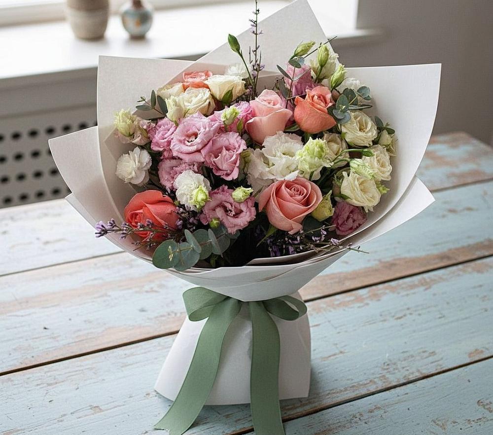 Букет цветов из: Розы, Лизиантусы и Гвоздики во Всеволодо-Вильве