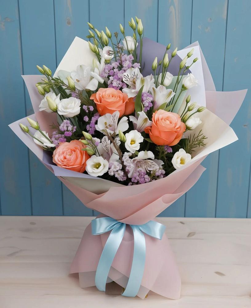 Букет цветов из: Лизиантусы, Розы, Альстромерии и Гипсофила во Всеволодо-Вильве