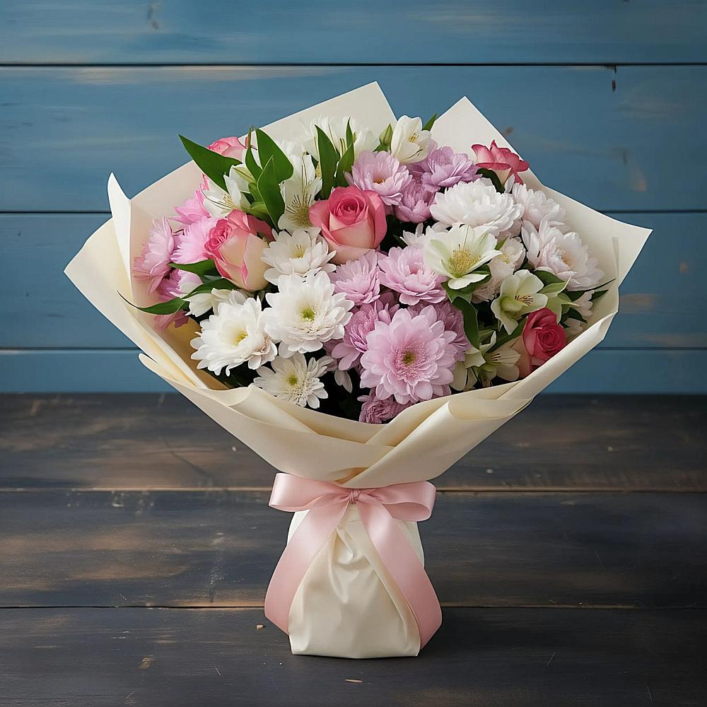 Букет цветов из: Хризантемы, Альстромерии и Розы во Всеволодо-Вильве